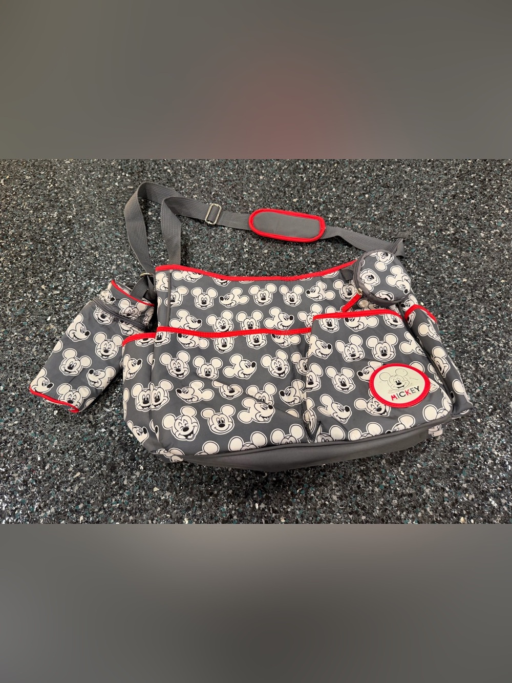 Disney Mickey Mouse Toss Print Messenger Diaper Bag Pacifier & Bottle Holder